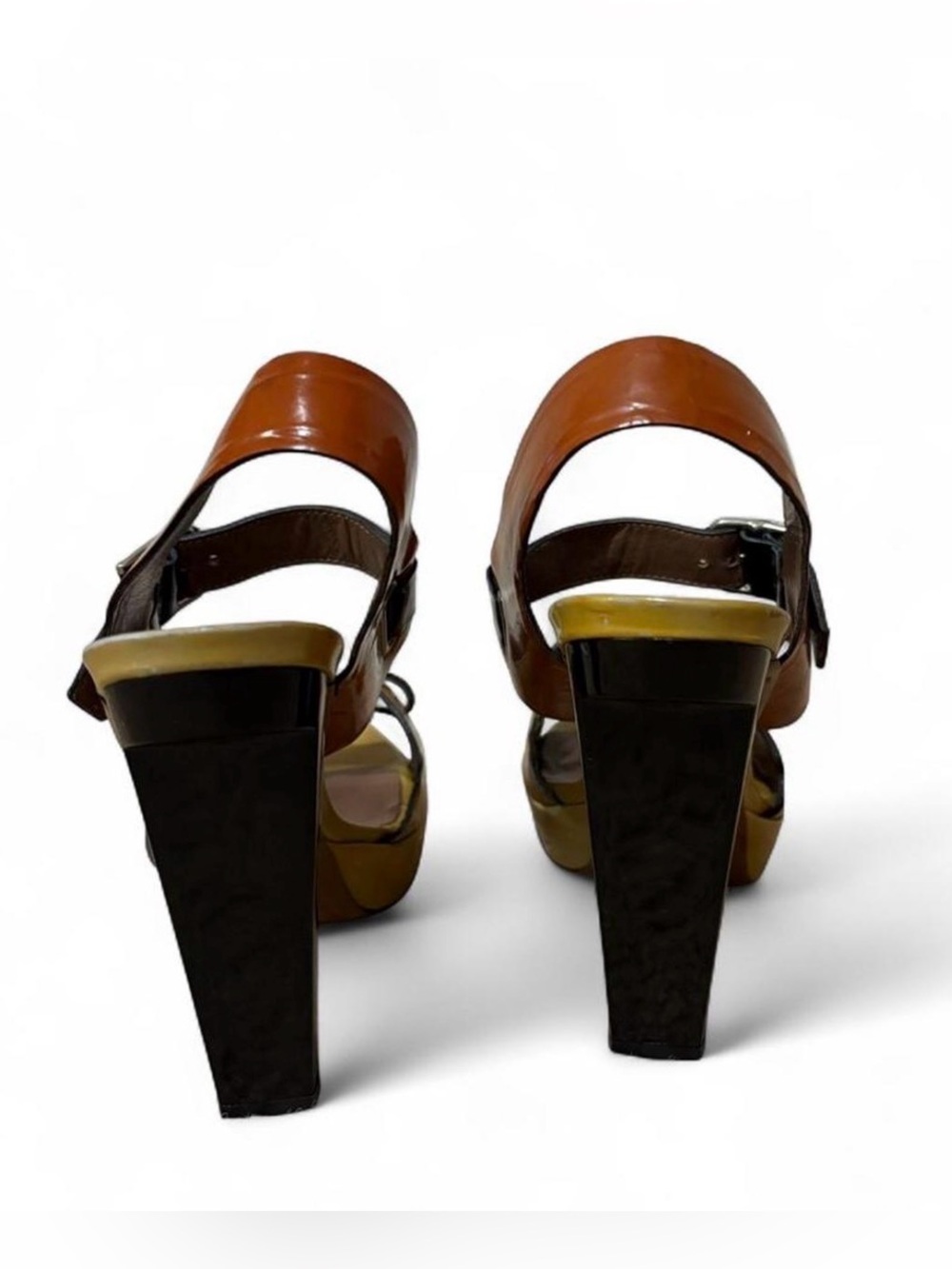 Marni Brown Yellow Ochre Black Patent Leather Platform Heels Buckles Sz 36/US 6 - Picture 2 of 11
